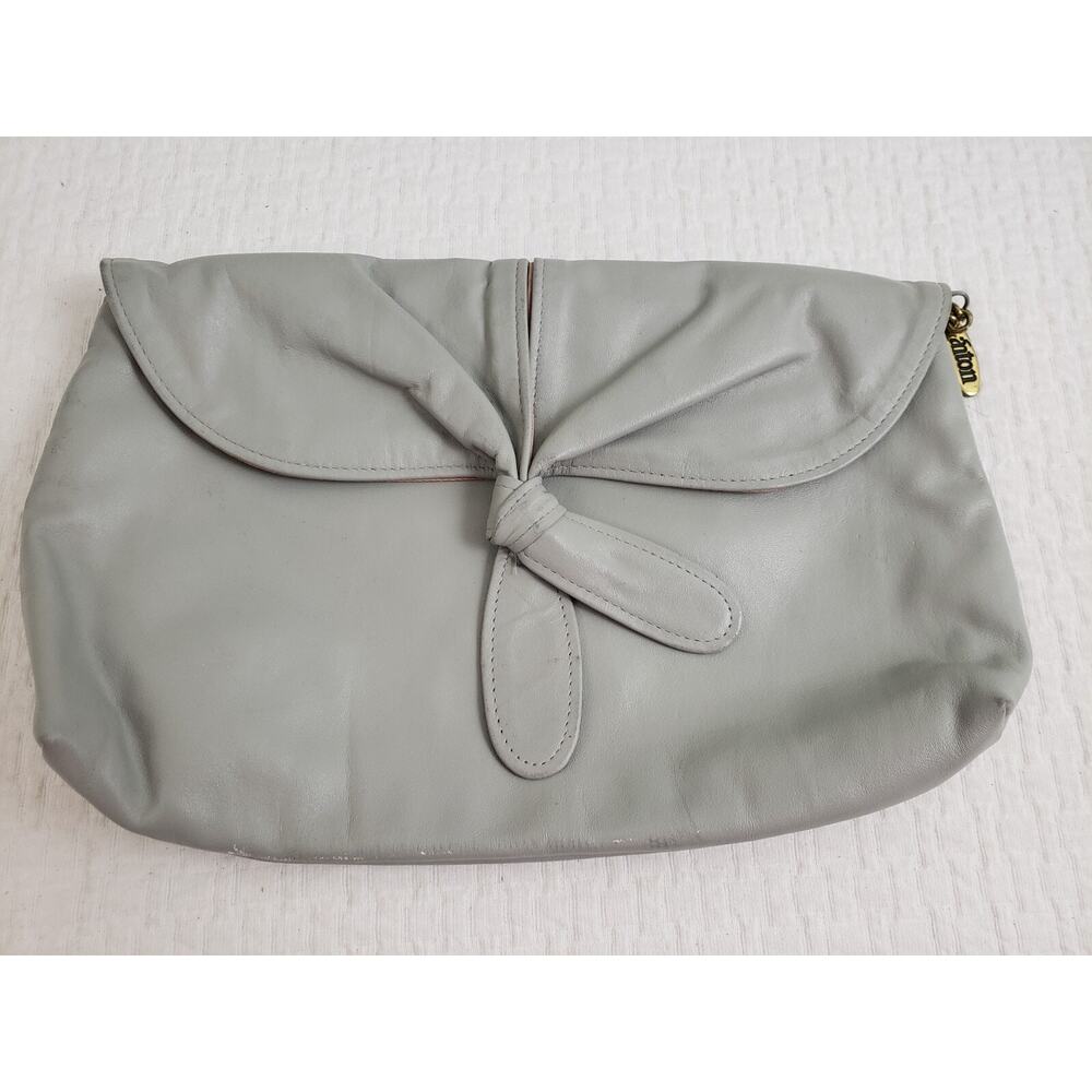 (55) Vintage Anton Clutch Womens Purse Leather Tie Front Zipper Gray Boho